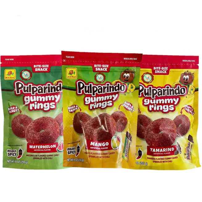 Pulparindo Gummy Rings - Watermelon, Mango, and Tamarind Flavor - 9 oz bags