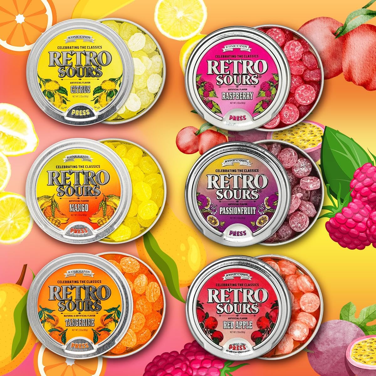 Retro Sour Tins - Hard Tangy Candy - Fruit Candy