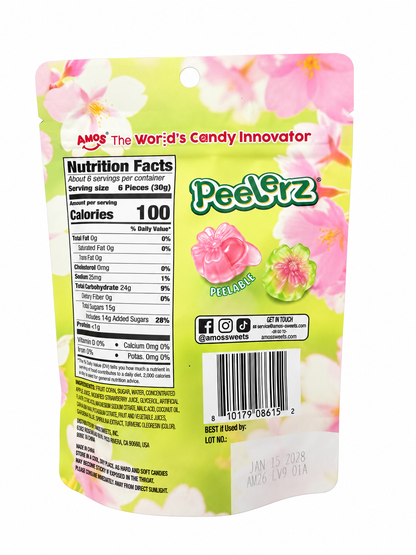 AMOS Peelerz Cherry Blossom 6 oz back with nutrition and ingredients