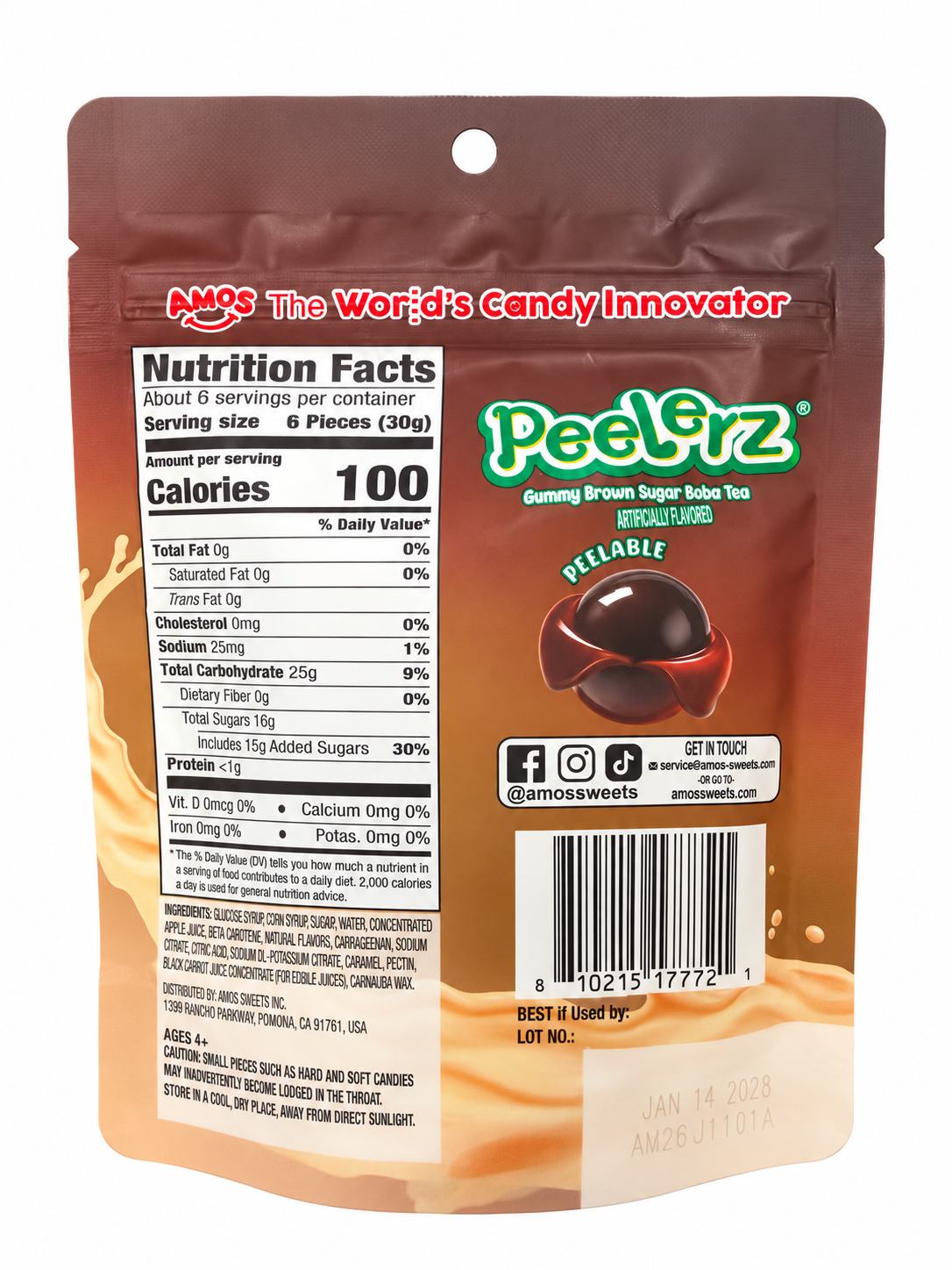 AMOS Peelerz Brown Sugar Boba Tea 6 oz back with nutrition and ingredients