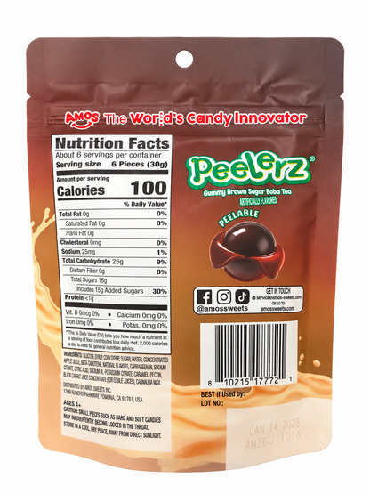 AMOS Peelerz Brown Sugar Boba Tea 6 oz back with nutrition and ingredients