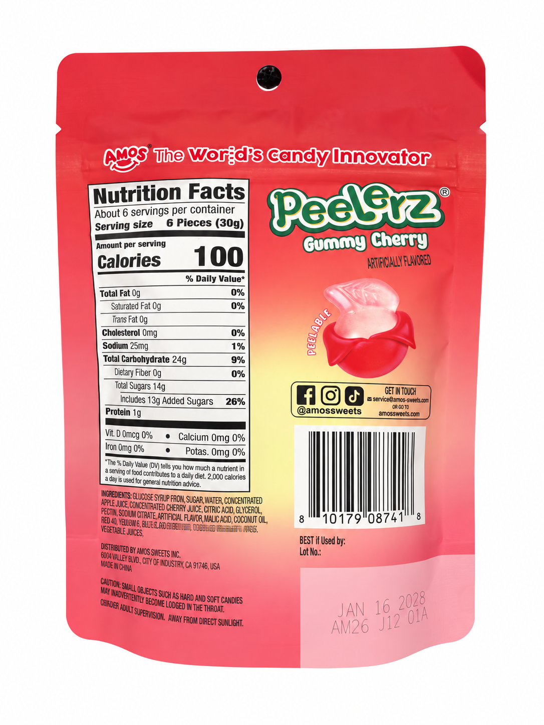 AMOS Peelerz Cherry 6 oz back with nutrition and ingredients