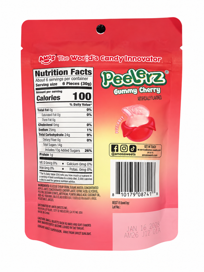 AMOS Peelerz Cherry 6 oz back with nutrition and ingredients