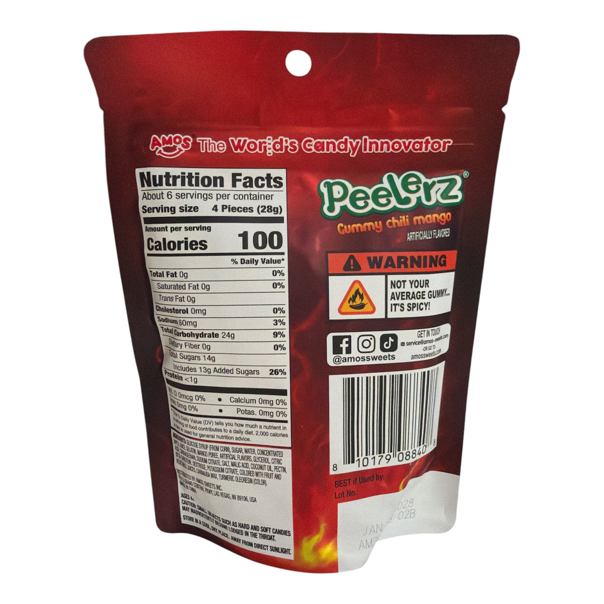 AMOS Peelerz Chili Mango peelable gummy candy 6 oz bag back nutrition facts