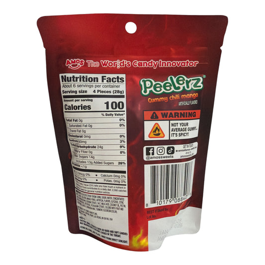 AMOS Peelerz Chili Mango peelable gummy candy 6 oz bag back nutrition facts